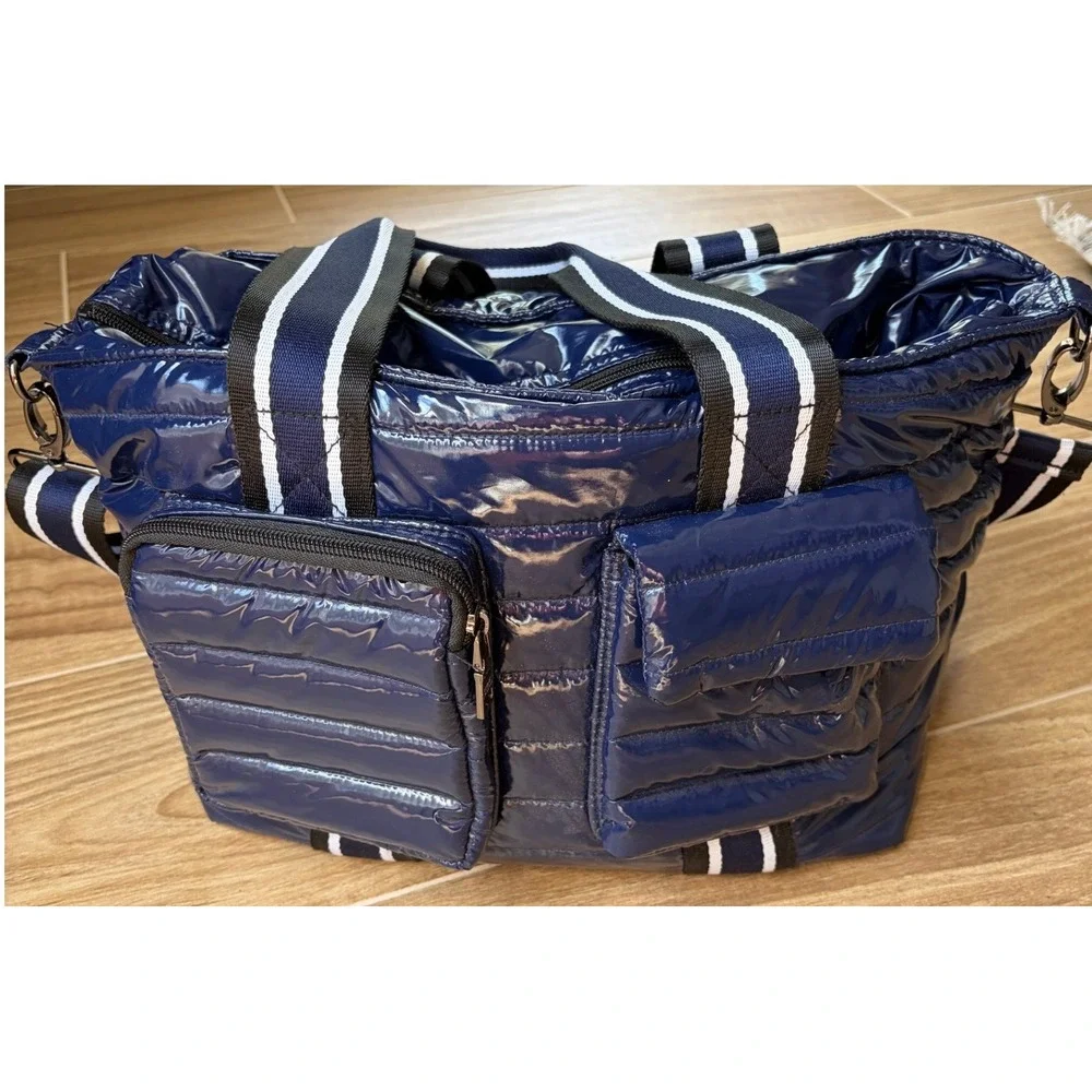 Think Royln Junior Wingman Puffer Tote Bag Navy Blue Patent Quilted Crossbody
